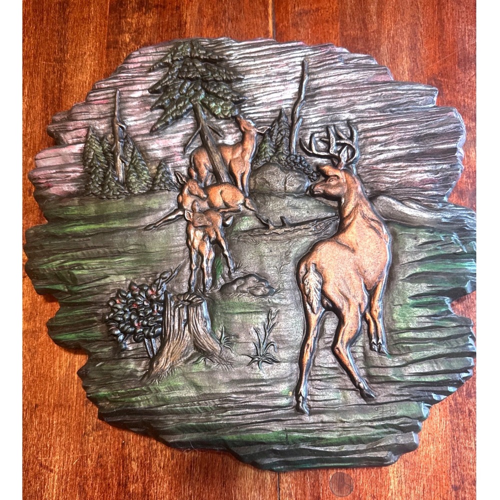 Vintage Rustic Deer Family 3D Relief Wall Plaque Wildlife Cabin Lodge Decor 13in